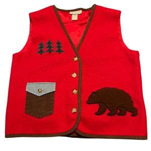 Vintage 90s F‎ L Malik  Red Bear Tree Applique Vest Size L Made in USA